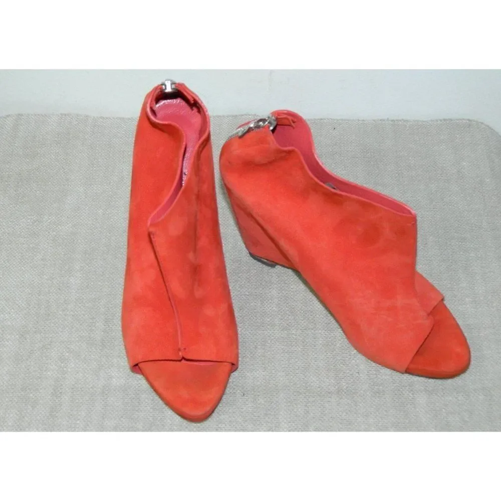 Jenni Kayne Booties Size 8 Orange Suede Cayenne Coral Open Toe‎ Zip Back Wedge